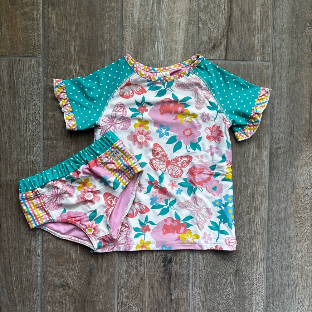 Wildflowers Kids Swim Rashguard Set - Teal and Pink Floral